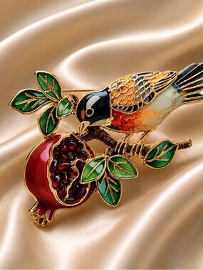 Pomegranate Bird Gold Brooch